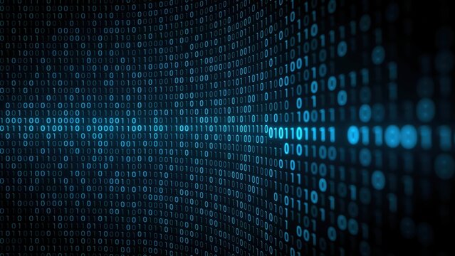Abstract digital background, featuring a curved, wall of glowing, blue binary code, digits representing big, data and complex, information systems