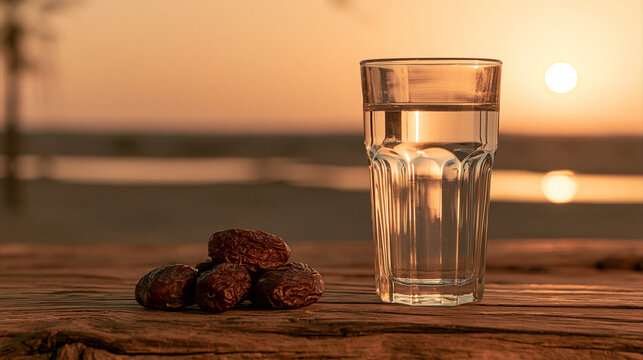 A glass of water next to sweet dates on a wooden table at sunset. Ideal for Ramadan Iftar concept and healthy middle eastern food traditions.