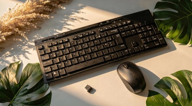 Black computer keyboard and wireless mouse with green monstera leaves