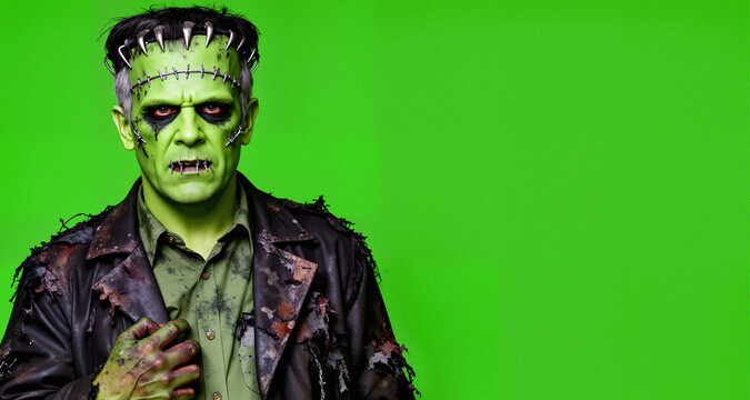 Frankenstein monster with green skin and stitches on a bright green background.