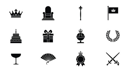 Fototapeta premium Royal and ceremonial icons representing traditional symbols in monochrome vector style with Black white vector icons classic symbols associated royalty celebration illustration