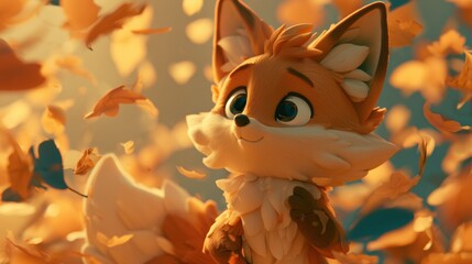 Fototapeta premium A fox character enjoys the colorful falling leaves while surrounded by warm light during a lively autumn day.
