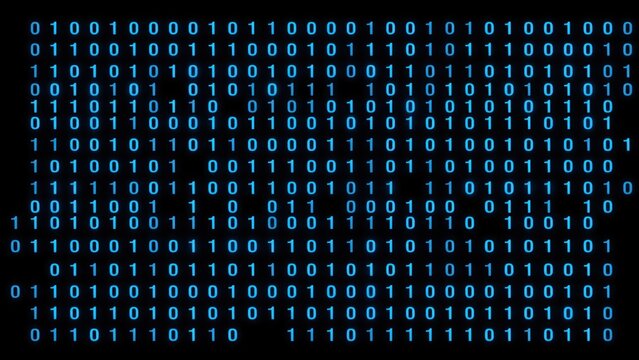 Digital binary code background, featuring a sequence, of glowing blue, zeros and ones, on a dark, screen representing computer, data processing