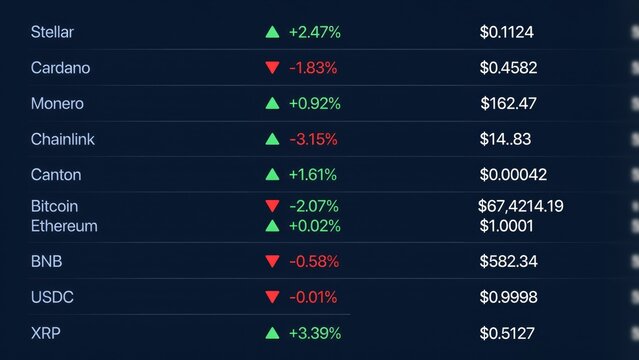 Digital cryptocurrency price board displaying names of coins, percentage changes, and current values in a dark financial trading interface