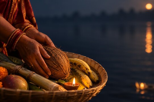 Hands of Indian woman holding basket with coconut, banana, sugarcane and diya lamp by river at sunset during Chhath Puja festival. Traditional Hindu ritual offering to sun