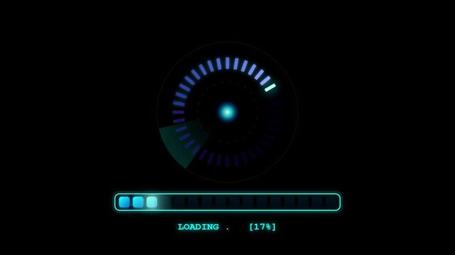 Futuristic cyber HUD loading bar and digital progress circle animation