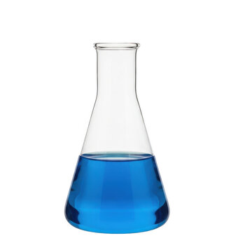 Laboratory Erlenmeyer flask with blue liquid isolated on transparent background