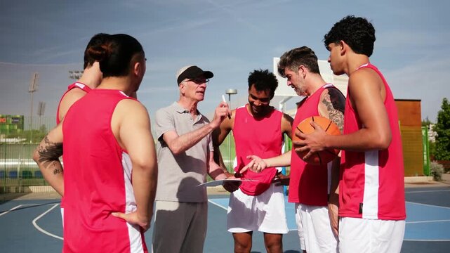Senior coach giving instructions to a multicultural basketball team on an outdoor court