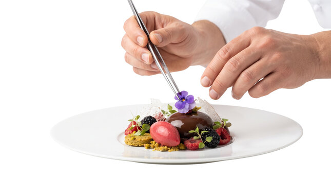 Professional chef plating gourmet chocolate dessert with tweezers. Fine dining pastry decoration with berries and edible flowers. Culinary art presentation. isolated PNG with Transparent