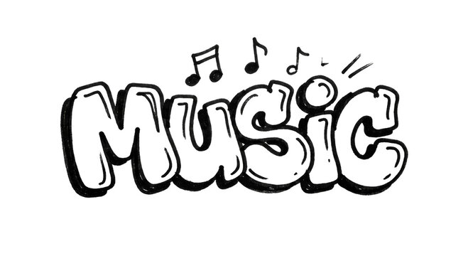 Hand drawn graffiti bubble letters spelling the word MUSIC with musical notes