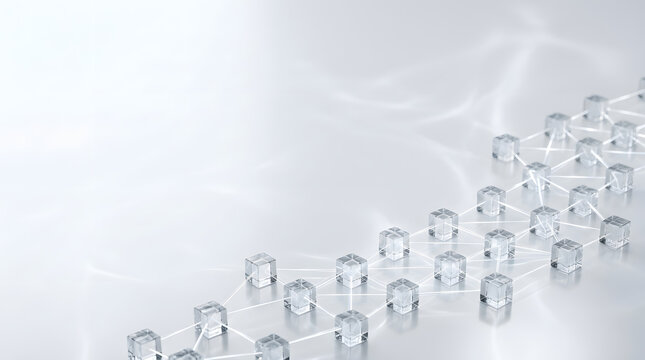 Abstract Molecular Network: A clean, minimalist background featuring an abstract representation of a molecular network or blockchain, with translucent crystalline nodes connected by delicate lines.