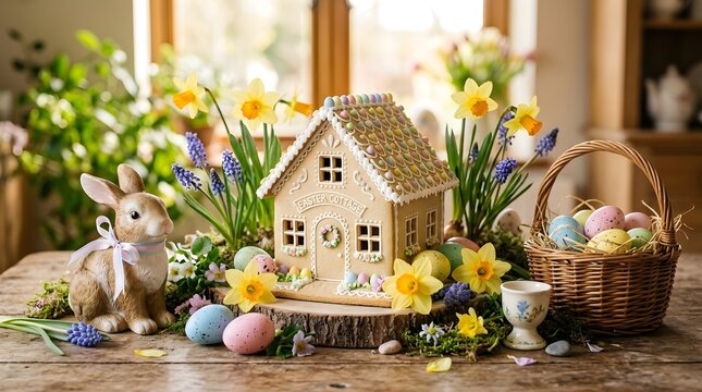A delightful easter display with sweet gingerbread houses colorful pastel eggs adorable bunny figures and beautiful spring flowers inside a warm home