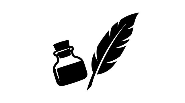 Black ink bottle and quill pen icon for calligraphy and vintage writing design elements