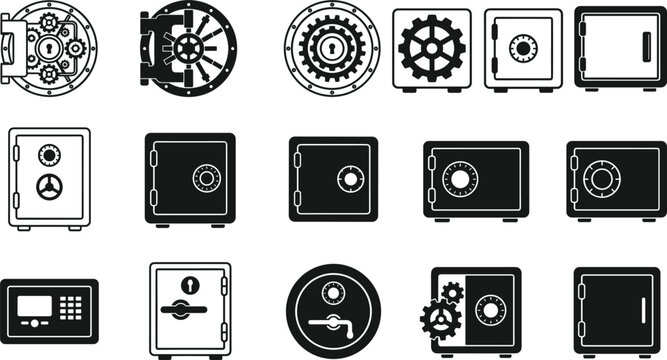 Bank vault door and strongbox safe icon collection for financial asset storage security wealth protection concept vector