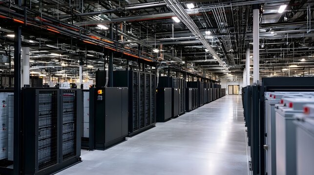 Long corridor of server racks in a modern data center with overhead conduits and polished concrete floor
