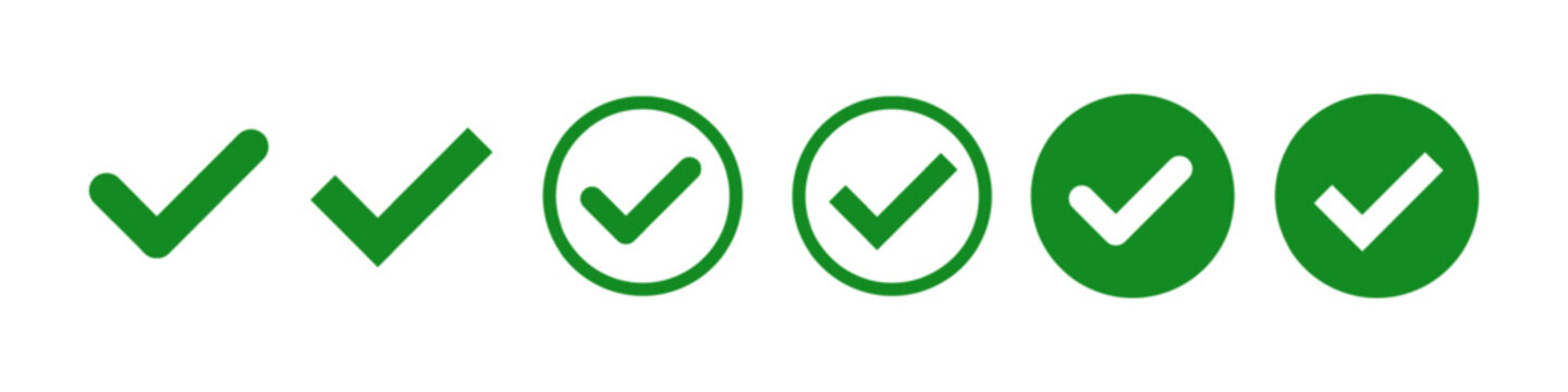 Check mark icon, confirmation symbol, green approval tick sign in a circle frame, right checkmark symbols - vector