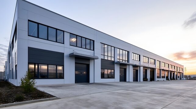 Modern industrial warehouse with multiple loading bays and large under soft morning light