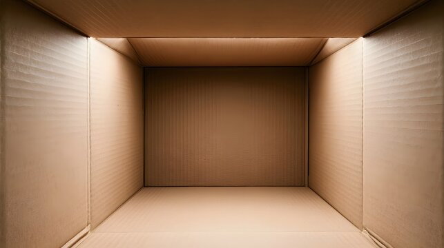 Interior view of an empty cardboard box with visible fluted texture and warm lighting from above