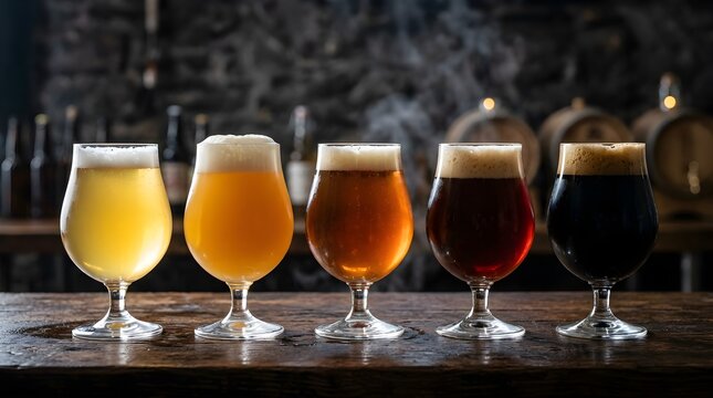 An appealing selection of five distinct craft beers served in glasses displaying a beautiful array of colors and various brewery styles in