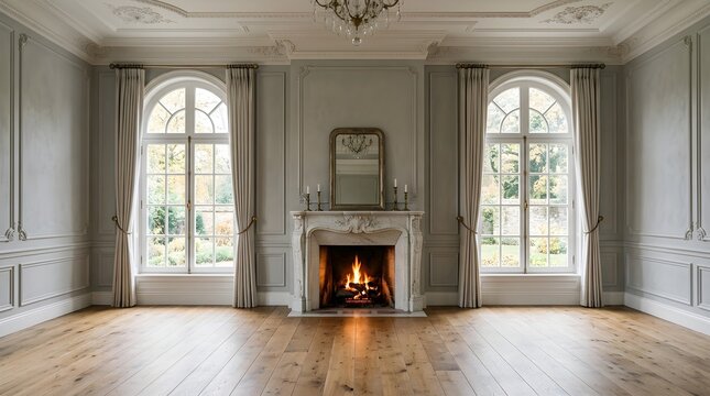 A beautifully designed elegant living room features a warm lit fireplace and expansive windows displaying a bright outdoor view with classic interior