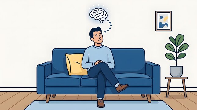 A young man sitting on a blue sofa in a living room thinking about ideas with a brain icon floating above his head