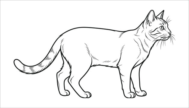 Standing cat black and white ink style line art illustration with domestic anima