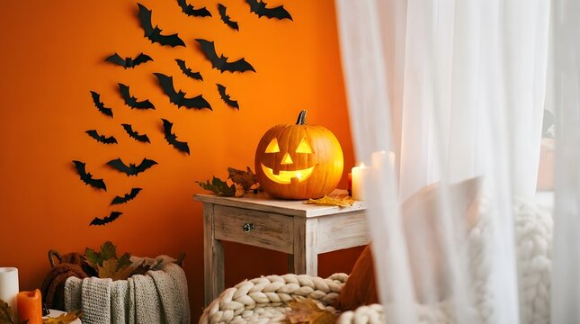 Festive halloween decorations create a spooky and inviting atmosphere in a warmly lit home interior setting