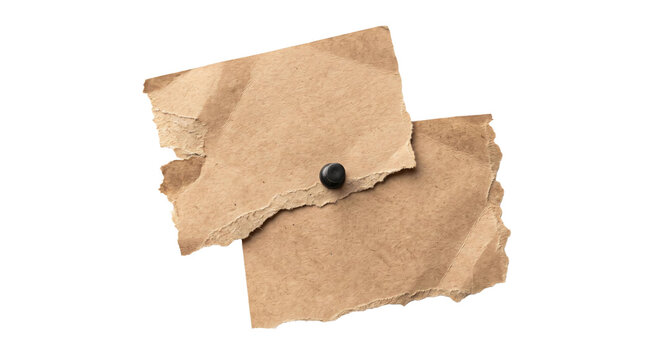 Two torn kraft paper pieces pinned together on a white background
