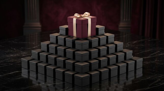Large pyramid made of small black gift boxes topped with a single maroon gift box with a gold ribbon