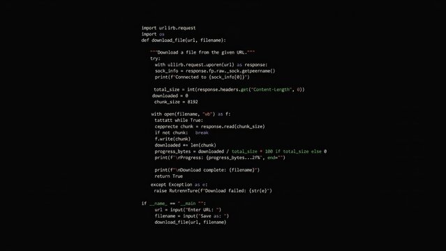 Python programming code displayed on a computer screen showing a file download script with error handling and logging functions in dark mode