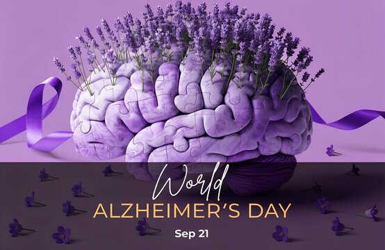 World Alzheimer&rsquo;s Day purple brain puzzle ribbon illustration symbolizing awareness, memory loss, support, compassion, and global recognition of Alzheimer&rsquo;s disease generated ai