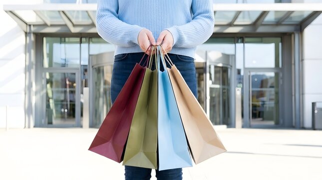 Person holding colorful shopping bags in front of modern glass store entrance