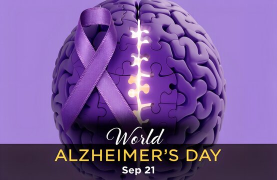 World Alzheimer&rsquo;s Day purple brain puzzle ribbon illustration symbolizing awareness, memory loss, support, compassion, and global recognition of Alzheimer&rsquo;s disease generated ai