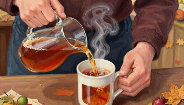 Man pouring hot liquid, steamy, cozy drink in ceramic mug