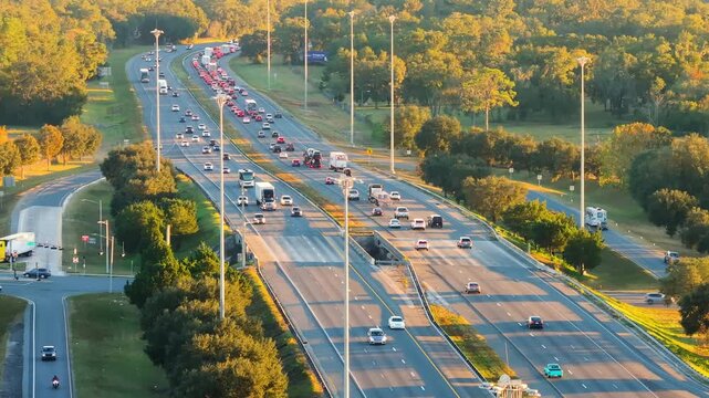 Aerial view of busy American I-75 freeway with heavy traffic flow and multilane highway infrastructure. Urban transportation corridor with cars and trucks moving through modern USA road network.