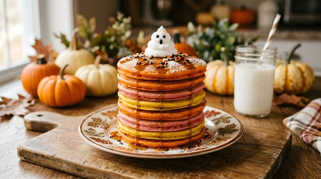 A remarkably high stack of bright orange and red pancakes beautifully decorated for a spooky halloween celebration with a charming ghost on