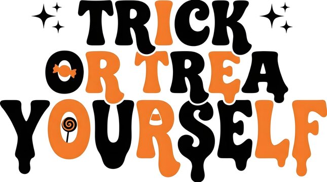 Festive halloween typography design that reads trick or treat yourself with a striking orange and black color scheme on a clean white