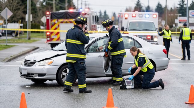 Emergency responders and paramedics attending to a car accident scene on a city street.