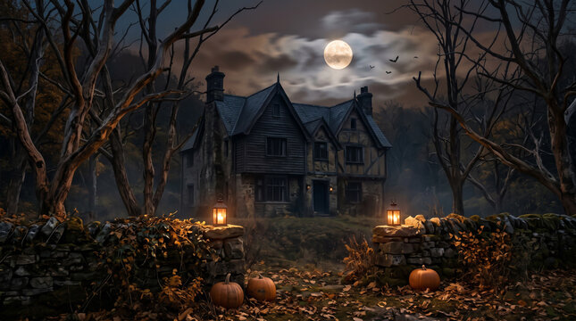 Spooky haunted house with pumpkins and lanterns under a full moon at night
