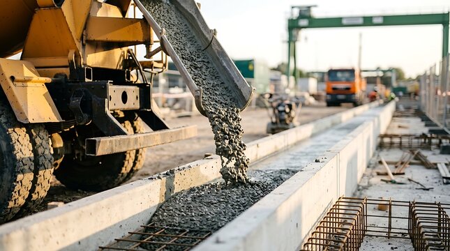 Cement truck pouring wet concrete into foundation formwork on construction site during daytime with crane in background suggesting building industry progress.