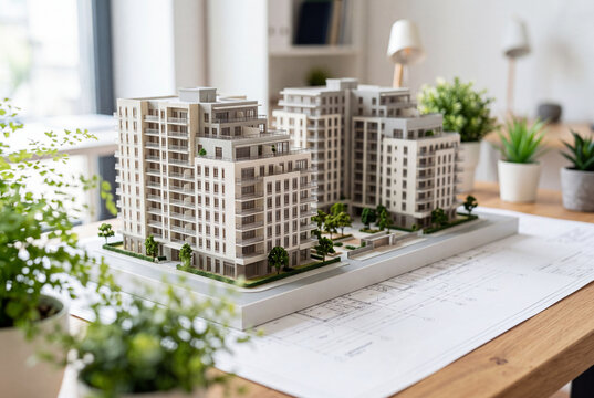 マンション不動産投資や開発計画をイメージした集合住宅の建築模型と設計図