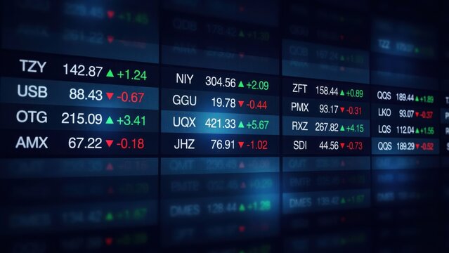 Stock market ticker board with scrolling financial data, stock symbols, price changes, and green or red indicators on a dark blue background