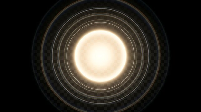 Bright central light surrounded by concentric rings on transparent background, 90 characters