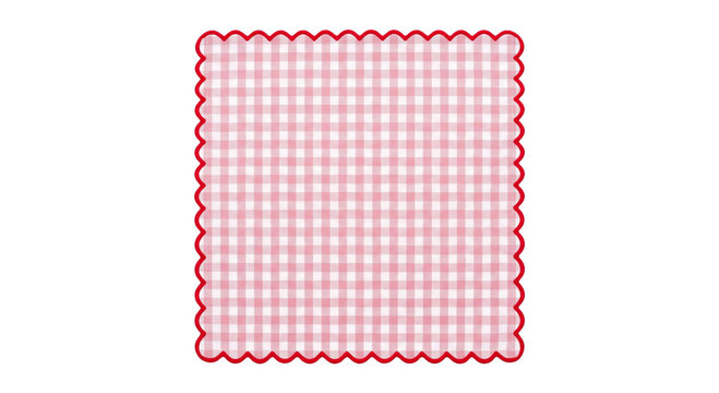 Pink and white gingham fabric with a scalloped red border