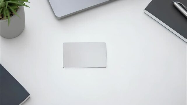 Blank card in hand on minimal office desk mockup for business corporate identity clean layout workspace white table neutral color design template
