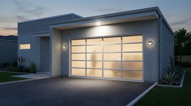 A contemporary suburban house garage is brightly lit during the evening twilight hours featuring a glass panel garage door and immaculate landscaping