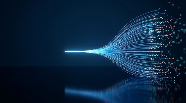 glowing blue light trails with particles spreading out from a central point in dark abstract background representing data flow and technology connection.