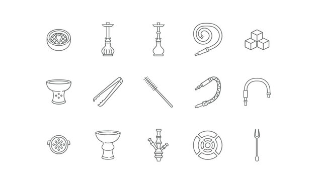 Comprehensive collection of outline icons representing various hookah smoking accessories including bowls, pipes, tongs, and charcoal.