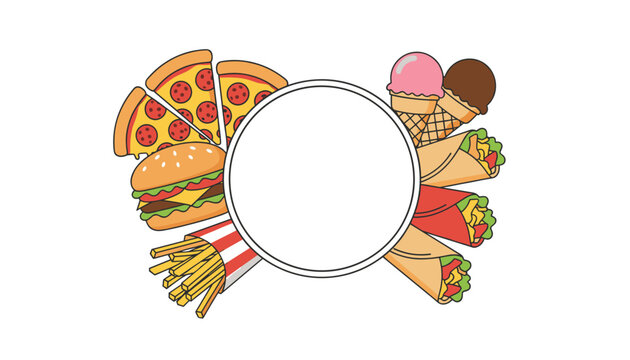 Variety of fast food illustrations like pizza, burger, fries, and wraps arranged around a central white circular frame for text.