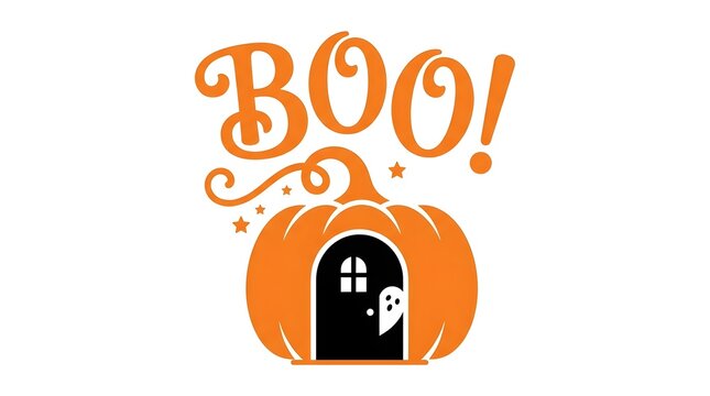 A delightful halloween scene shows a charming pumpkin house with a friendly ghost and whimsical boo lettering for a festive touch